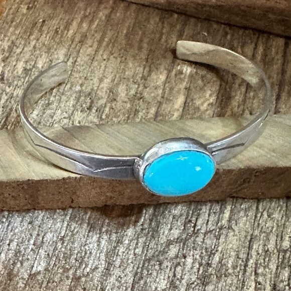 Navajo Sterling Cuff & Kingman Turquoise Cuff Bracelet, Signed - Picture 2 of 7